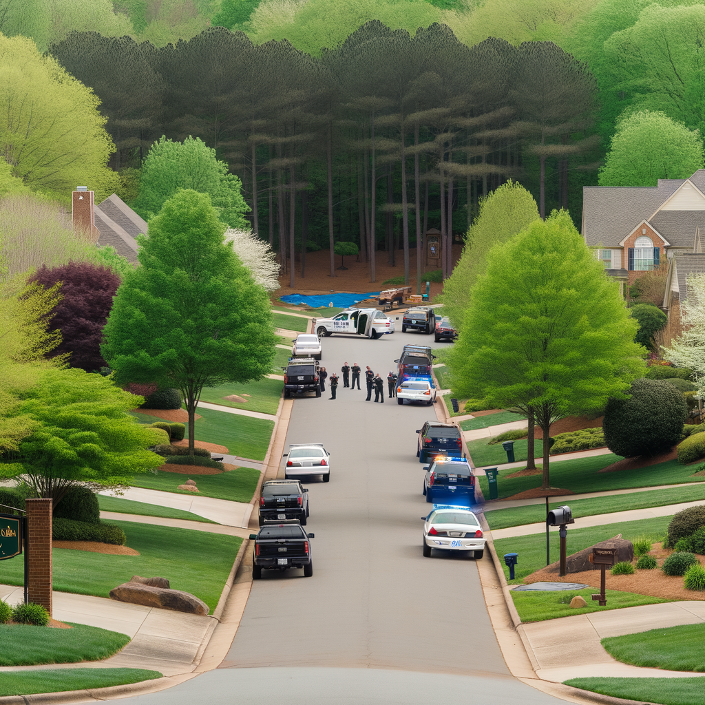 Alt text: "Emergency responders at the scene of a police shooting on Ansley Drive in Roswell, Atlanta, where a man was killed and a North Fulton SWAT officer was injured during an attempted arrest. Police vehicles block the entrance as officers investigate