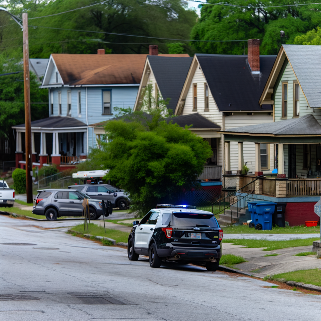 Alt text: "Police investigate a crime scene on Kenmore Street in southwest Atlanta where a robbery turned deadly, resulting in the arrest of a 15-year-old suspect for murder."