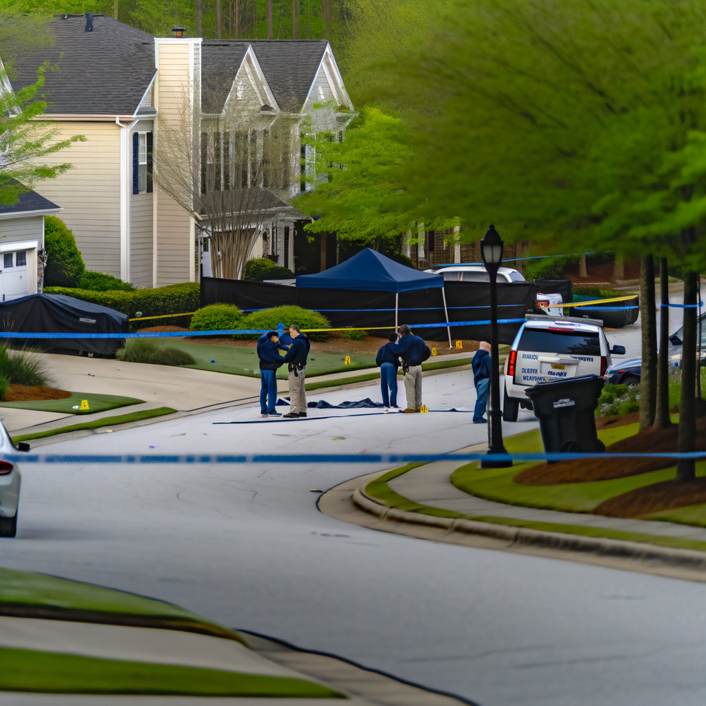 Alt text: "South Fulton police cordon off a crime scene with tape in the Legacy at Cascading Creek neighborhood following a double shooting incident, where one man was found dead in a driveway and another critically injured nearby."