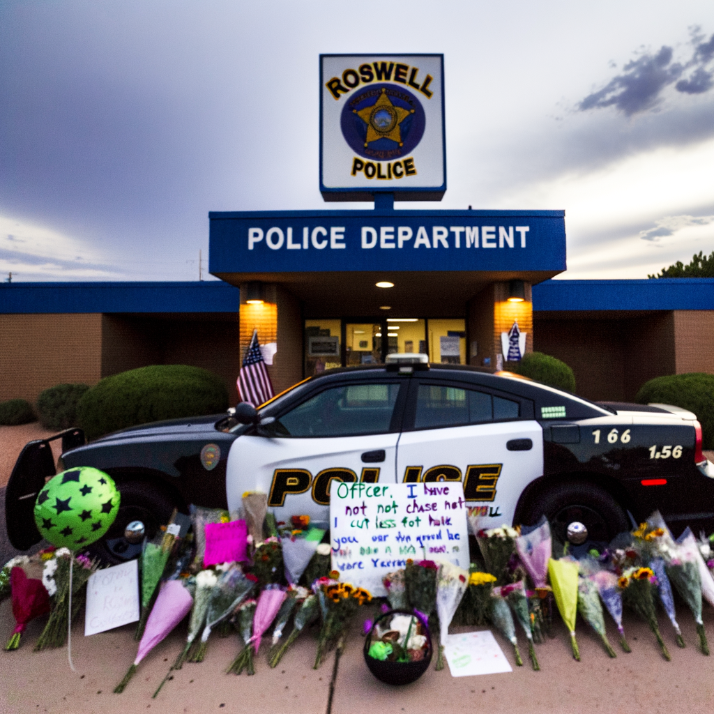 "Patrol car outside Roswell Police Department adorned with flowers and mementos in memory of Officer Jeremy Labonte, who was tragically shot while on duty. Community support for fallen officer highlighted in local Atlanta crime news."