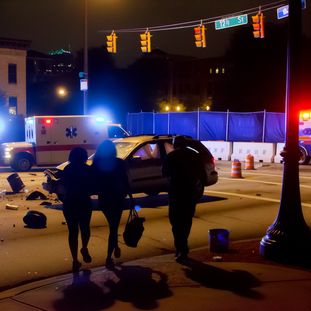 "Scene of wrong-way crash in Midtown Atlanta, where a woman was killed early Tuesday morning; police investigate the accident at 12th Street and West Peachtree Street, with a car crashed into a cement construction barrier."